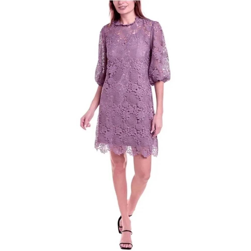 Johnny Was Lorrie Purple Crochet Lace Mini Dress Puff Sleeves Size Medium